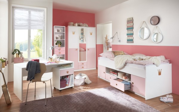 Jugendzimmer Cindy 5 Teile mit 3 türigem Kleiderschrank von Wimex Prinzessinnen Zimmer mit Spiegelschrank, Funktionsbett, Schreibtisch, Rollcontainer und Regal