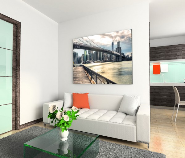 120x80cm Wandbild New York City Wolkenkratzer Brücke Wolken