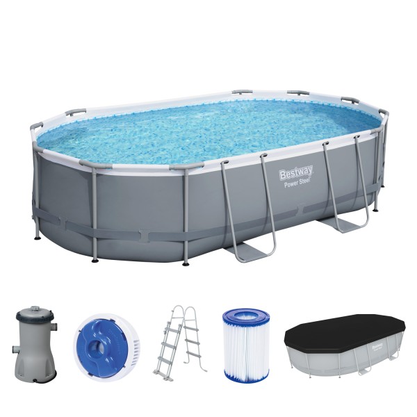 Bestway 56448 Power Steel™ Frame Pool 488 x 305 x 107 cm - Komplett-Set mit Filterpumpe, grau, oval