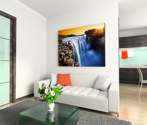 120x80cm Wandbild Island Wasserfall Felsen Sonnenuntergang