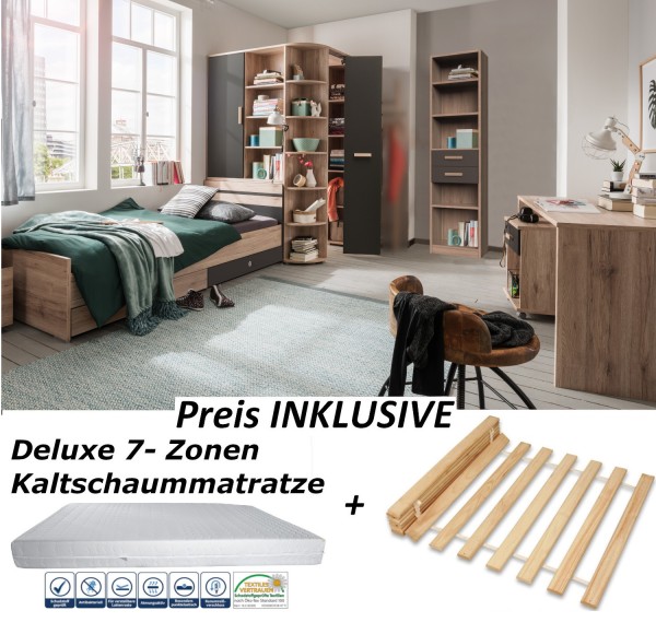 Jugendzimmer Cariba in Eiche San Remo und Graphit 8 teiliges Komplett Set mit begehbarem Eckschrank, Jugendbett mit Bettschubkästen, Schreibtisch und Rollcontainer, Standregal, INKLUSIVE Deluxe Matratze und Lattenrost - Kinderzimmer Möbel Teenager Zimmer