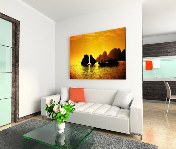 120x80cm Wandbild Vietnam Halong Bay Felsen Segelboot Abendlicht