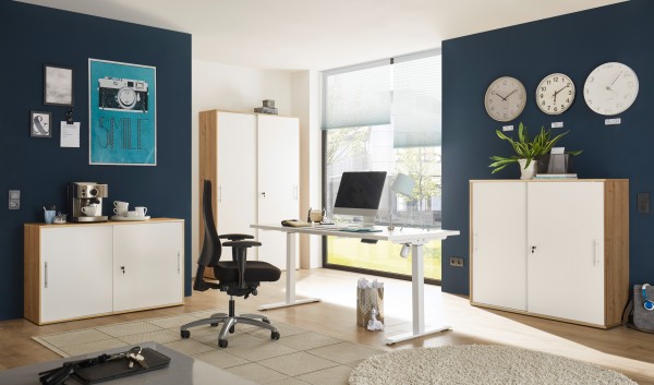 Büromöbel Shove "Pronto" komplett Set 4 teilig in Artisan und Weiß mit elektrisch höhenverstellbaren Schreibtisch und drei verschieden großen, abschließbaren Aktenschränken - Büroset, Arbeitszimmer, Home Office
