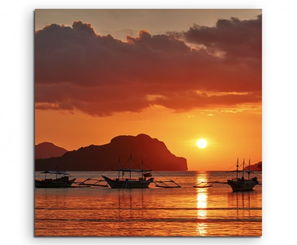 Landschaftsfotografie – Boote bei Sonnenaufgang, Palawan, Philippinen auf Leinwand