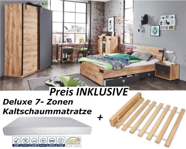 Jugendzimmer Liverpool von Wimex 9 teiliges Komplett Set in Plankeneiche und Graphit mit 90er Jugendbett mit Schubkästen, Matratze und Lattenrost, Schwebetürenschrank, Nachttisch, Schreibtisch mit Rollcontainer, Kommode - Jugendzimmer Kinderzimmer Möbel T