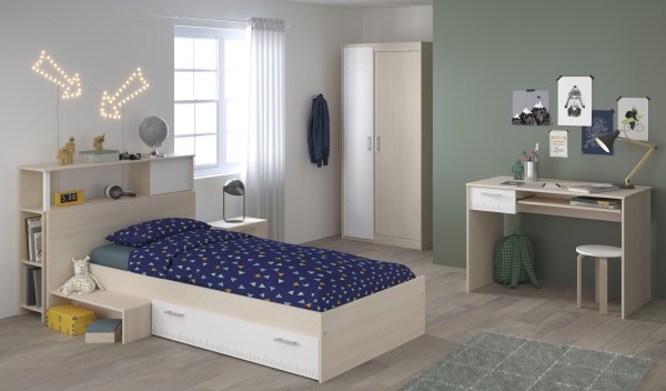 Jugendzimmer Charly 15 von Parisot 5teilig in Akazie und Weiß Komplett Set mit Schrank, Jugendbett, Schreibtisch, Anstellregal und Nachttisch - Jugendzimmer Kinderzimmer Möbel Teenagerzimmer