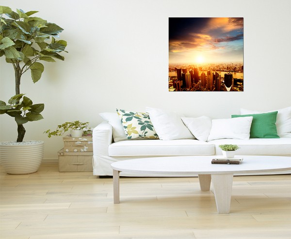 80x80cm Shanghai Skyline Wasser Sonne Wolken