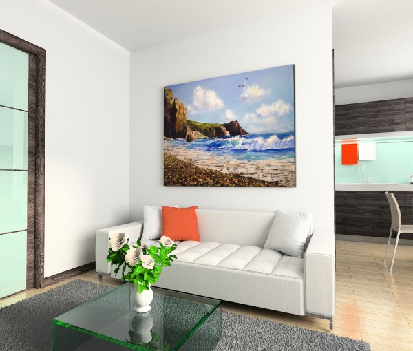 120x80cm Wandbild Ölgemälde Meer Strand Klippe Seemöwe