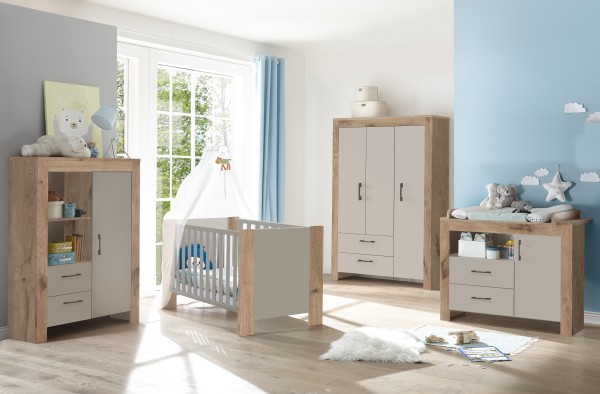 Babyzimmer Bill 6 teiliges Komplett Set in Viking Oak und Taube mit Kleiderschrank, Babybett, Lattenrost und Bettumbauseiten, Wickelkommode, Beistellschrank - Kinderzimmer, Baby Möbel