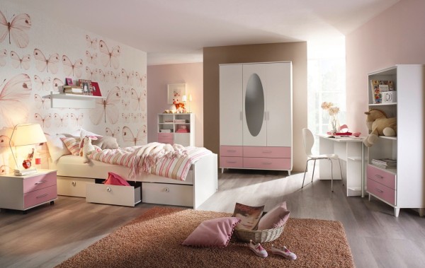 Jugendzimmer Aik in Weiß und Rosa 7 teiliges Komplett Set von RAUCH Möbel mit Kleiderschrank, Jugendbett mit Schubkästen und Nachttisch, Schreibtisch, Kommode und Regalen