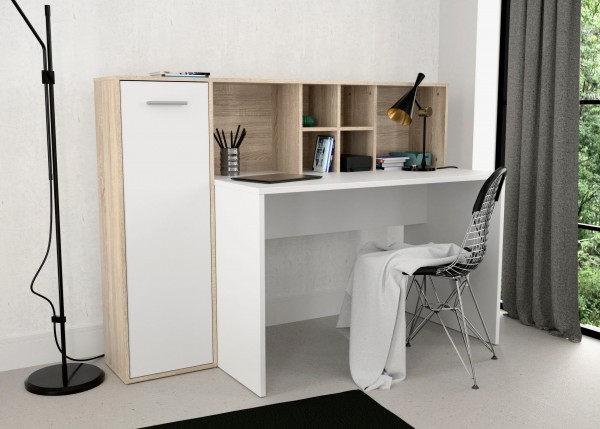 Schreibtischkombination Eriadu in moderner Artisan Eiche und Weiß, ideal für das Home Office