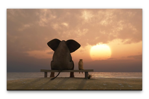Bilder XXL Elefant und Hund bei Sonnenuntergang Wandbild auf Leinwand