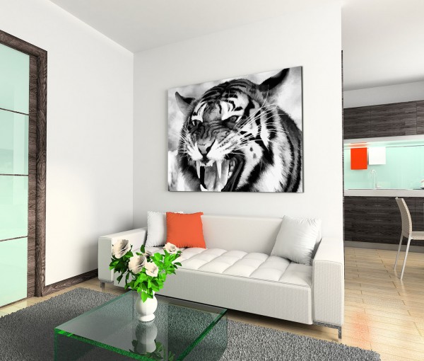 120x80cm Wandbild Tiger Gebrüll Nahaufnahme schwarz weiß