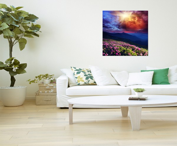 80x80cm Blumenwiese Berge Sonne Wolken Landschaft