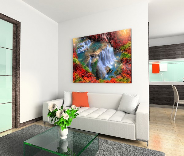 120x80cm Wandbild Thailand Wald Wasserfall Sonnenlicht