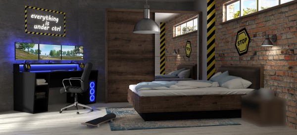 Jugendzimmer Gaming Zimmer Tezaur "Jacky" von Forte 3 teilig mit großem Gaming Tisch, Bett, Schwebet