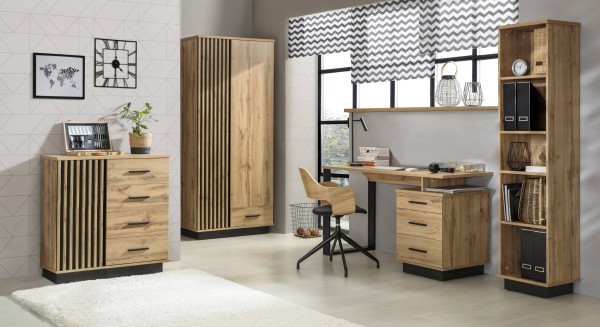 Büro Lamelo 4 teilig Büromöbel Komplett Set in Eiche Wotan und Schwarz matt - Büroset, Arbeitszimmer, Home Office