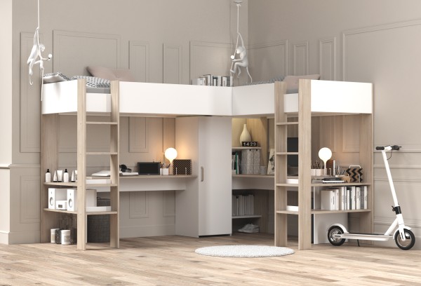 Tolles Eck- Hochbett Alex von Parisot in Weiß und Jackson Eiche mit 2 Liegeflächen und 2 Schreibtischen - Hochbett Jugendzimmer Kinderzimmer Möbel Teenagerzimmer