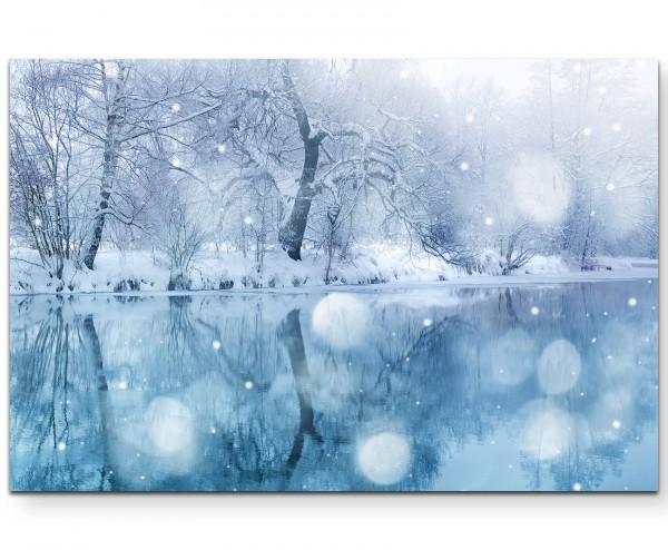 Fotografie Winterlandschaft mit Fluss und Schneefall - Leinwandbild