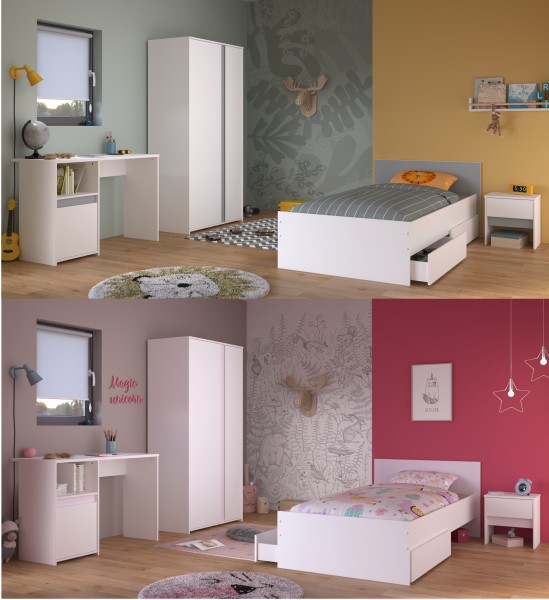 Jugendzimmer Pirouette 23 5-teilig von Parisot in Weiß und Rosa / Kieselgrau mit Kleiderschrank, Jugendbett mit Bettschubkastenset und Nachttisch, Schreibtisch - Jugendzimmer Kinderzimmer Möbel Teenagerzimm