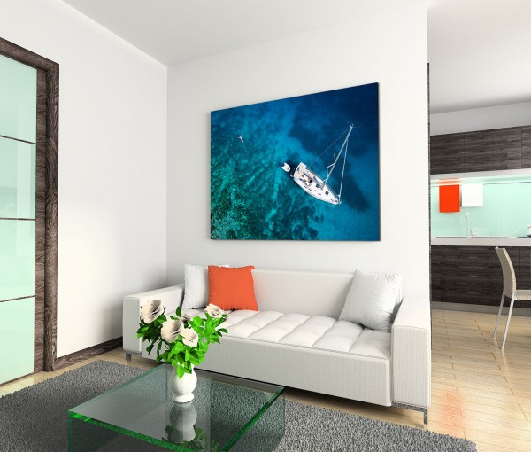 120x80cm Wandbild Karibik Segelyacht Meer Frau