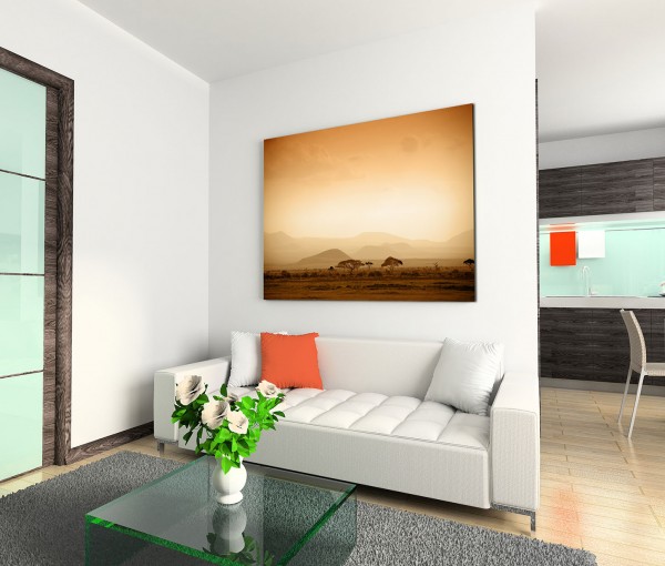 120x80cm Wandbild Afrika Savanne Bäume Berge Sonnenaufgang