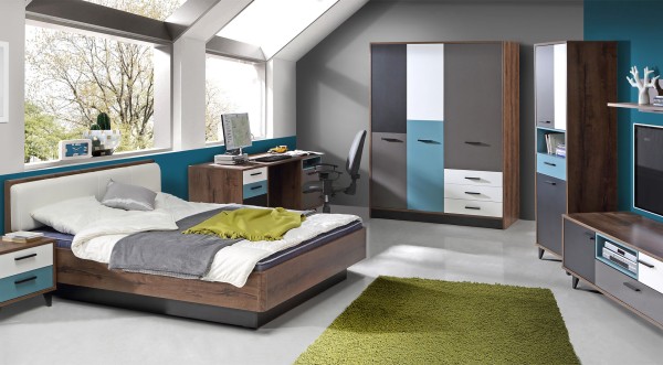 Jugendzimmer Raven Schlammeiche, Grau, Weiß, Schwarz, Grün von Forte Set
