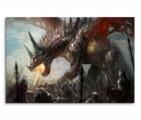 120x80cm Wandbild Ritter Drachen Kampf Fantasy