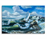120x80cm Wandbild Meer Felsen Segelboot Sturm Wellen
