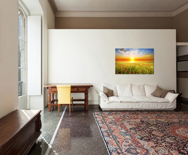 120x80cm Feld Gras Mohnblumen Himmel Sonne