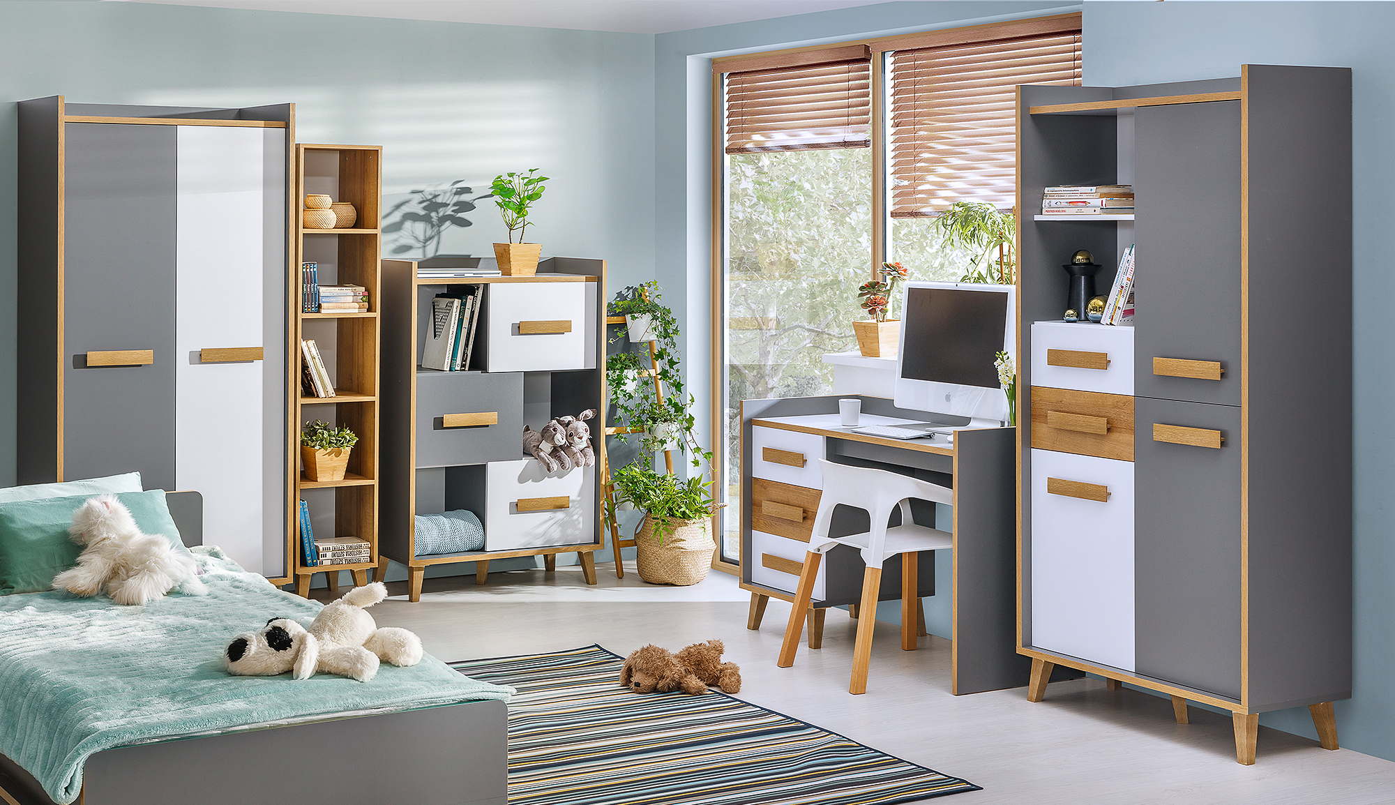 Jugendzimmer Werso Komplett Set 7 teilig in Weß, Riviera Eiche und Anthrazit 