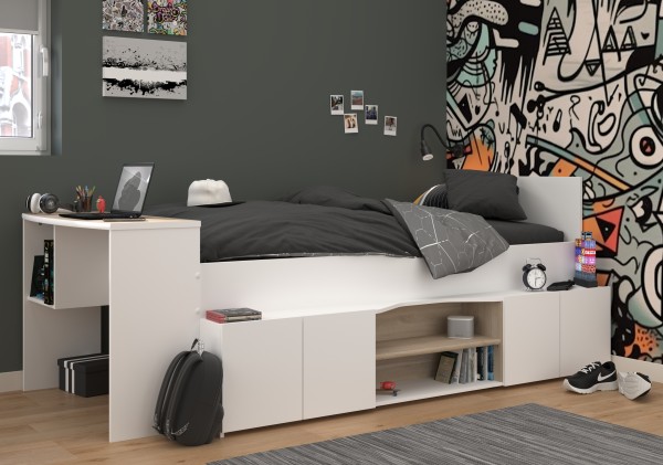 Tolles halbhohes Hochbett Cleo 1 von Parisot in Weiß und Jackson Eiche, mit Schreibtisch - Hochbett Jugendzimmer Kinderzimmer Möbel Teenagerzimmer
