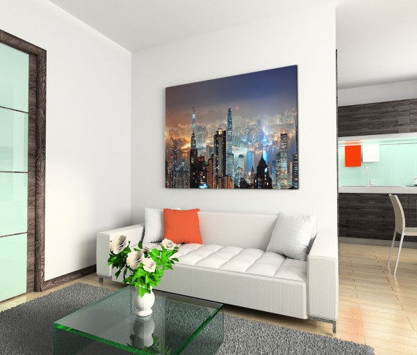 120x80cm Wandbild Hongkong Skyline Wolkenkratzer Nacht