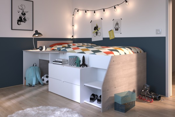 TOLLES halbhohes Funktions- Hochbett "Milky 1" von Parisot Jugendzimmer Möbel in Weiß und Grey Loft - Jugendzimmer Kinderzimmer Möbel Teenager Zimmer Jungs und Mädchen
