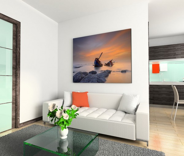 120x80cm Wandbild Thailand Meer Ufer Schiffswrack Sonnenuntergang