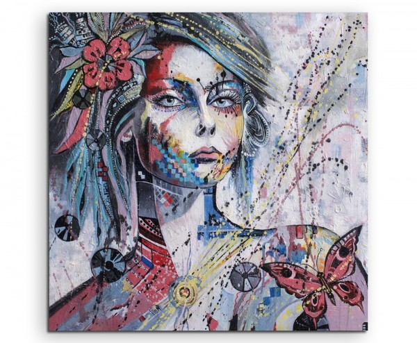 Ölgemälde – Farbenfrohes Mädchen mit blumen und Schmetterling auf Leinwand