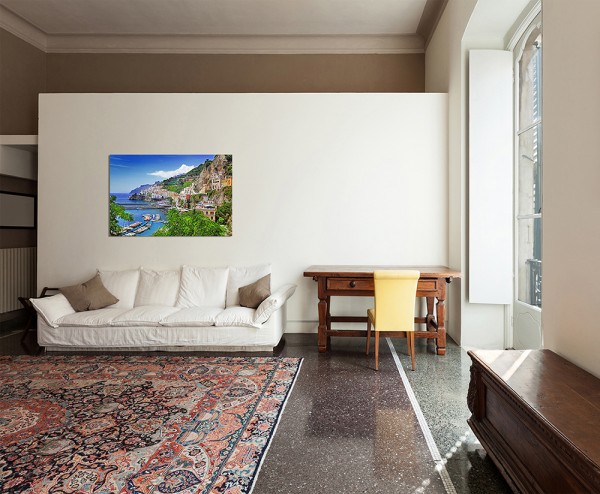 120x80cm Amalfi Italien Meer Küste Dorf Hafen Boote