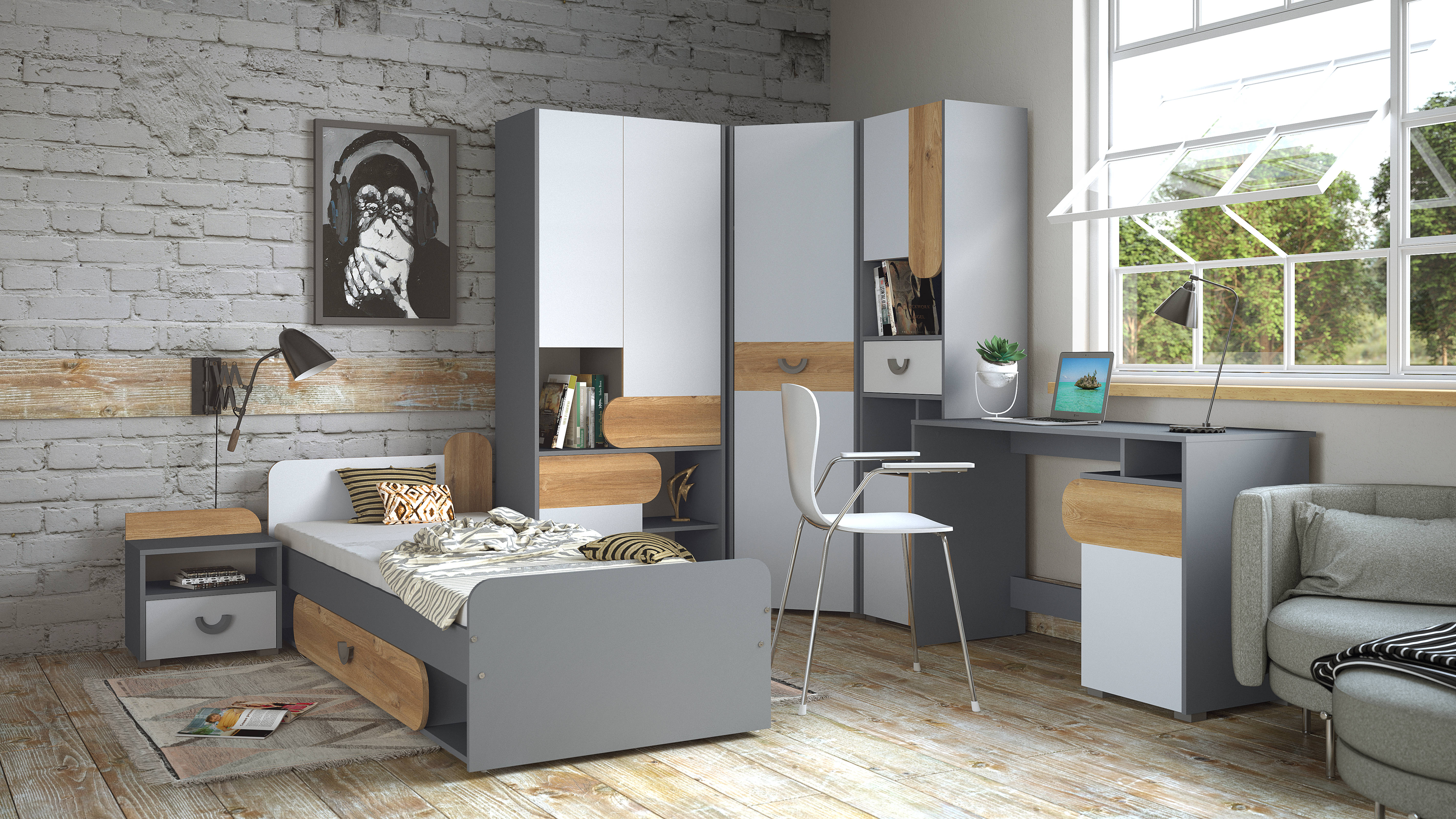 Jugendzimmer Carini Komplett Set in Graphit, Eiche und Weiß