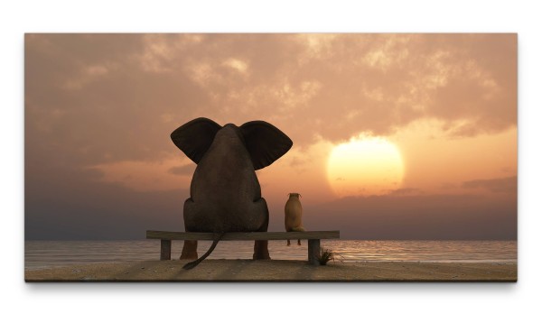Bilder XXL Elefant und Hund bei Sonnenuntergang 50x100cm Wandbild auf Leinwand