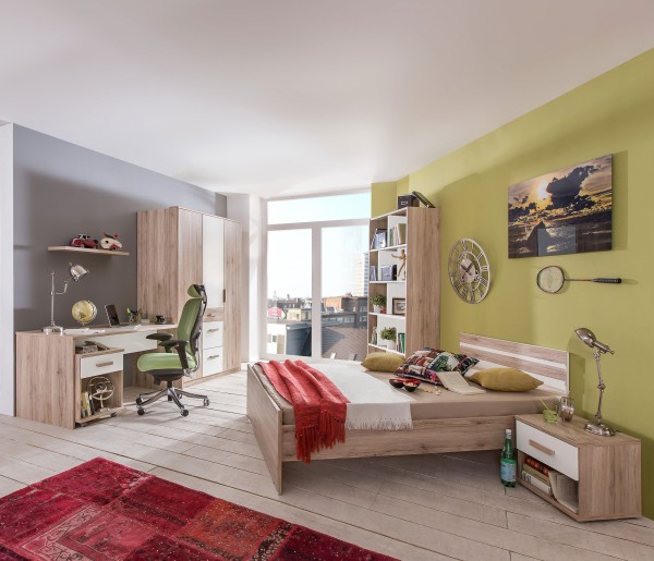 Jugendzimmer Cariba in Eiche San Remo und Weiß 7 teiliges Superset mit Kleiderschrank, Bett und Nachttisch, Schreibtisch mit Rollcontainer und Regalen