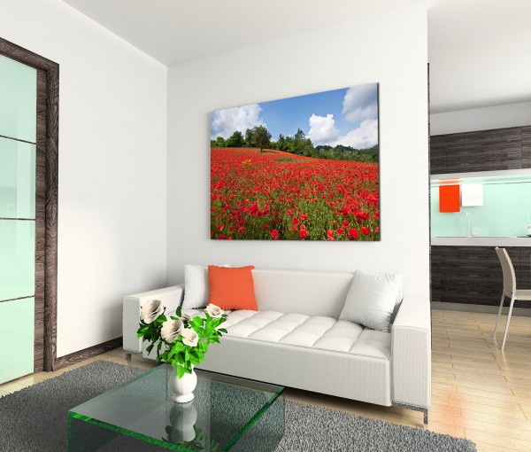 120x80cm Wandbild Mohnblumen Feld Bäume Sonne Himmel