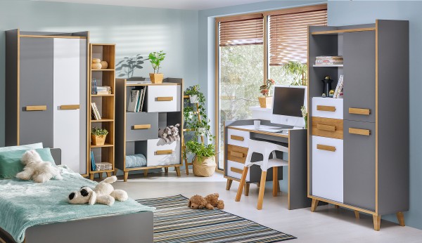 Jugendzimmer Werso Komplett Set 7 teilig in Weß, Riviera Eiche und Anthrazit mit Bett 90x195 cm mit Lattenrost, Kleiderschrank, Schreibtisch, Regal, Kommode, Regalschrank - Jugendzimmer Kinderzimmer Möbel Teenagerzimmer