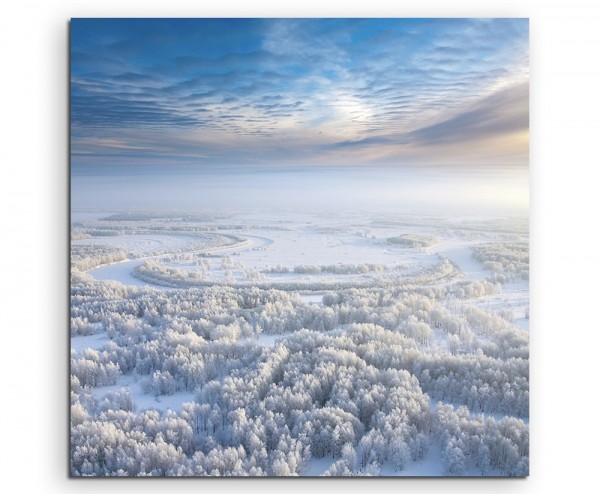 Landschaftsfotografie Verschneiter Winterwald mit blauem Himmel auf Leinwand exklusives Wandbild