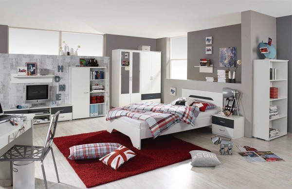 Jugendzimmer Noosa in Weiß- Grau von Rauch Möbel 8 teiliges Megaset mit Schrank, Jugendbett, Schreibtisch, Nachttisch, Regalschrank, TV- Board und Regalen