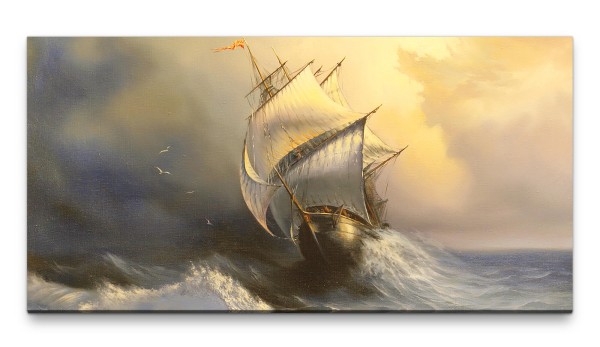 Bilder XXL Segelschiff im Sturm gemalt 50x100cm Wandbild auf Leinwand