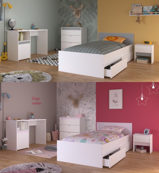 Jugendzimmer Pirouette 25 5teilig von Parisot in Weiß und Rosa / Kieselgrau mit Jugendbett mit Bettschubkastenset und Nachttisch, Kommode und Schreibtisch - Jugendzimmer Kinderzimmer Möbel Teenagerzimmer