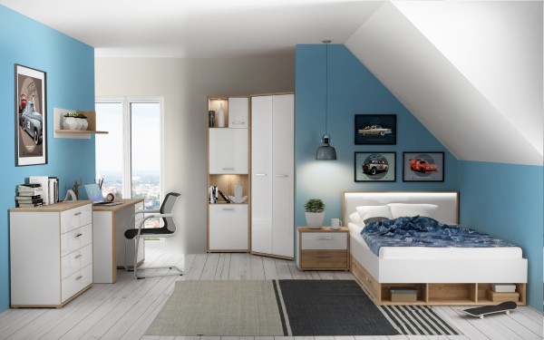 Jugendzimmer Chicory 8 teiliges Komplett Set von Forte in Eiche Riviera und Weiß Hochglanz mit Eckle