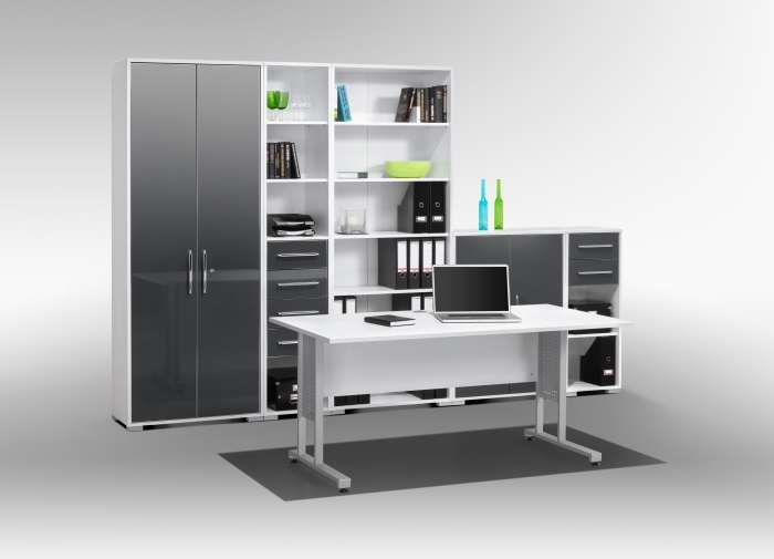 Büro Office System in Weiß und Grau Hochglanz von Maja Möbel Komplett Set