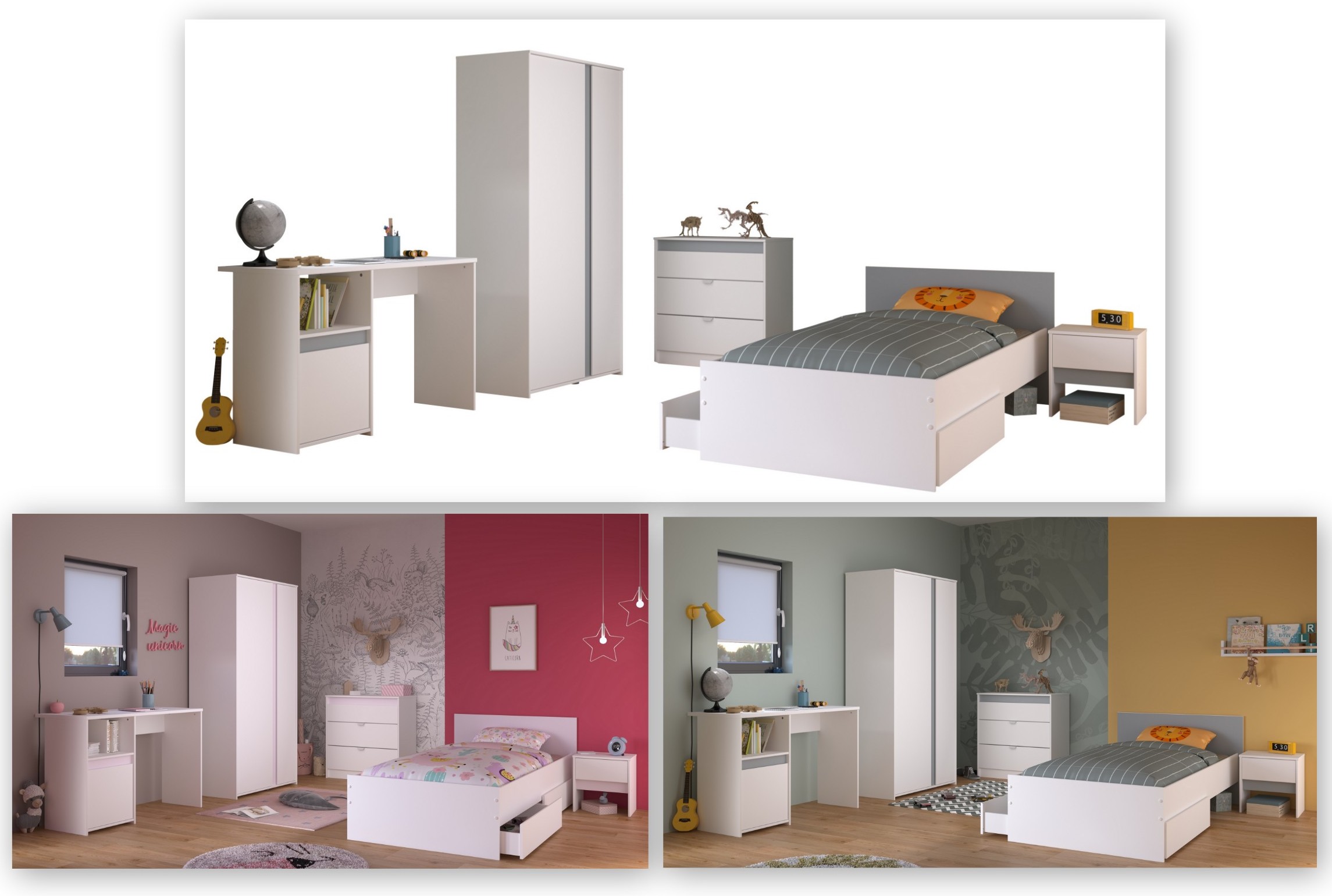 Jugendzimmer Pirouette von Parisot in Weiß und Rosa / Kieselgrau