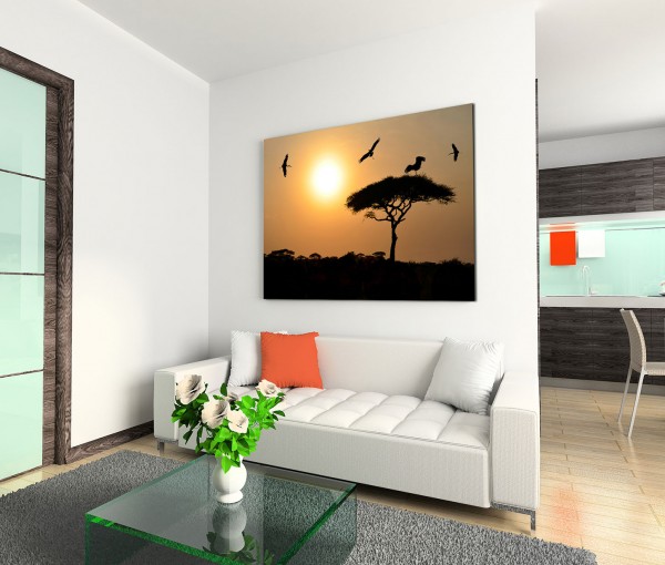 120x80cm Wandbild Afrika Safari Sonnenuntergang Akazie Baum Vögel